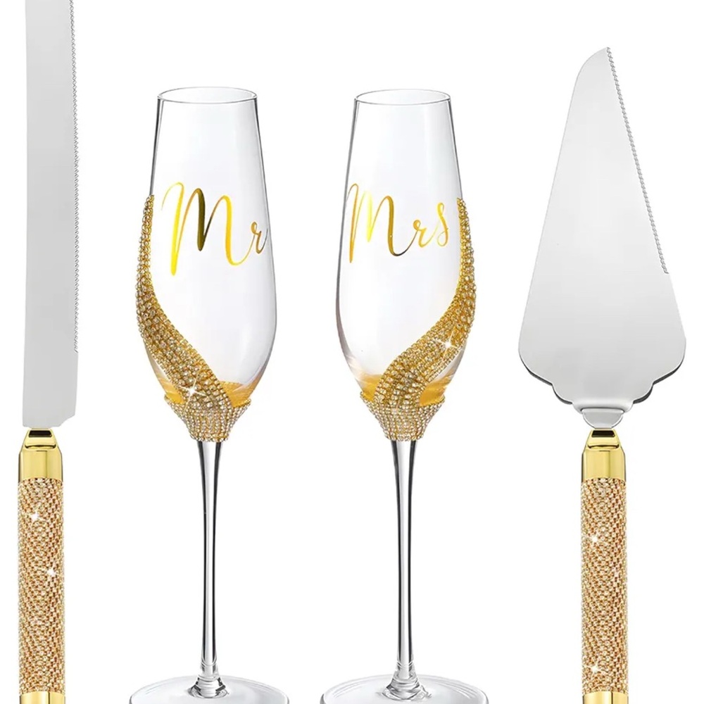 Gold and Silver Champagne Flute and Cake Set